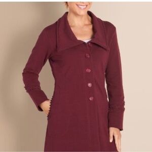 Soft Surroundings Burgundy Rachel Embroidered‎ Casual Jersey Knit Trench Coat